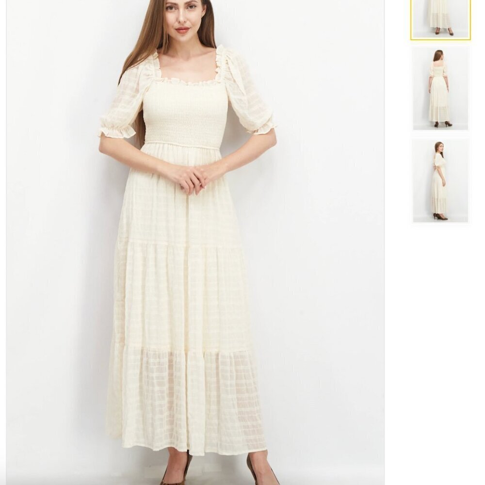 Moon River metallic plaid puff sleeve smocked dress